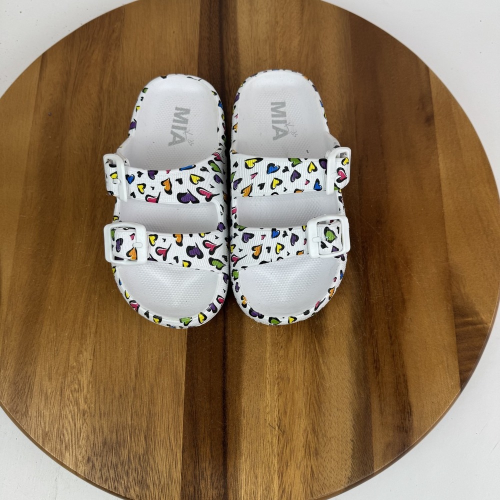 New Little Kids Mia‎ Uhne White Multicolor Hearts Strappy Slides Sandals Size 13